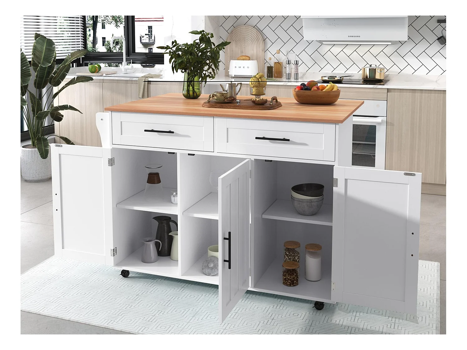 Ilot central de cuisine avec 2 tiroirs - Plateau extensible - pieds en roulettes ou en bois massif - Blanc