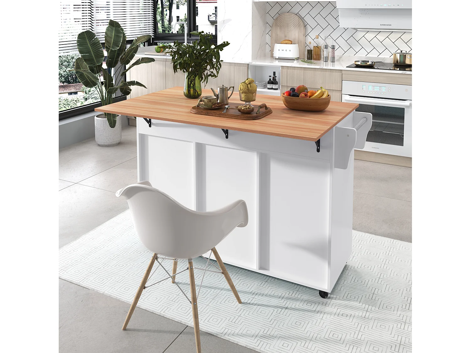 Ilot central de cuisine avec 2 tiroirs - Plateau extensible - pieds en roulettes ou en bois massif - Blanc