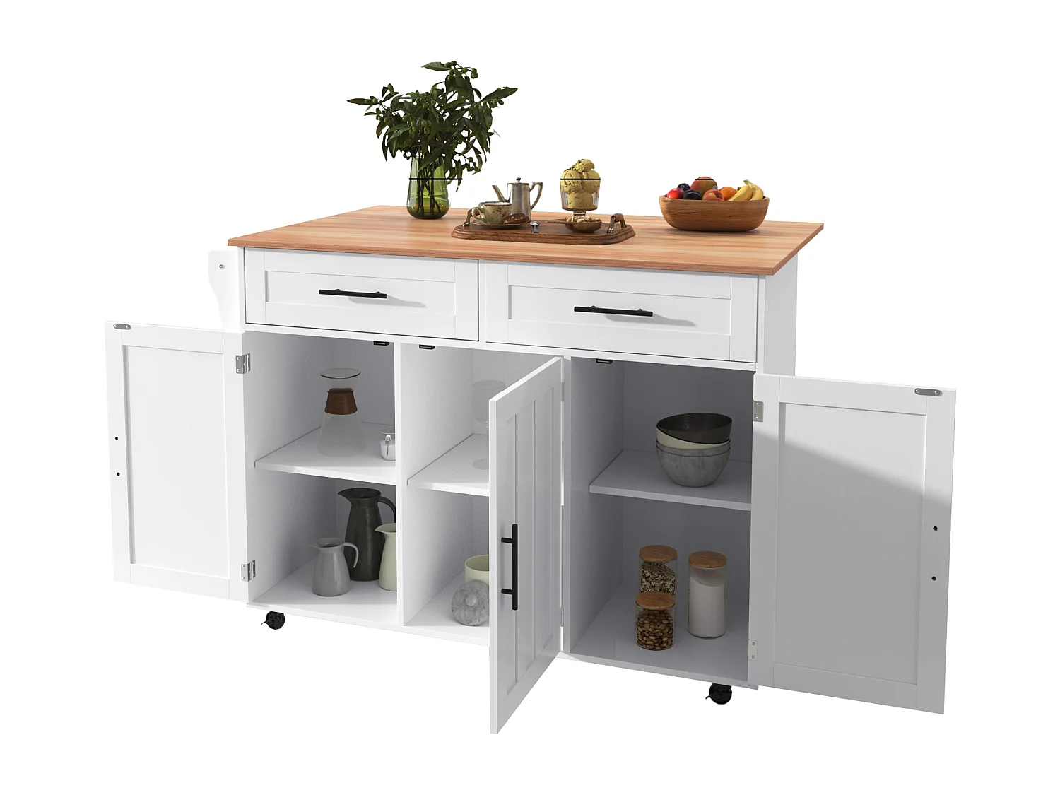 Ilot central de cuisine avec 2 tiroirs - Plateau extensible - pieds en roulettes ou en bois massif - Blanc