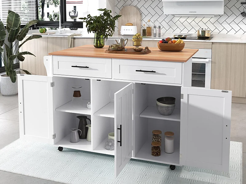 Ilot central de cuisine avec 2 tiroirs - Plateau extensible - pieds en roulettes ou en bois massif - Blanc
