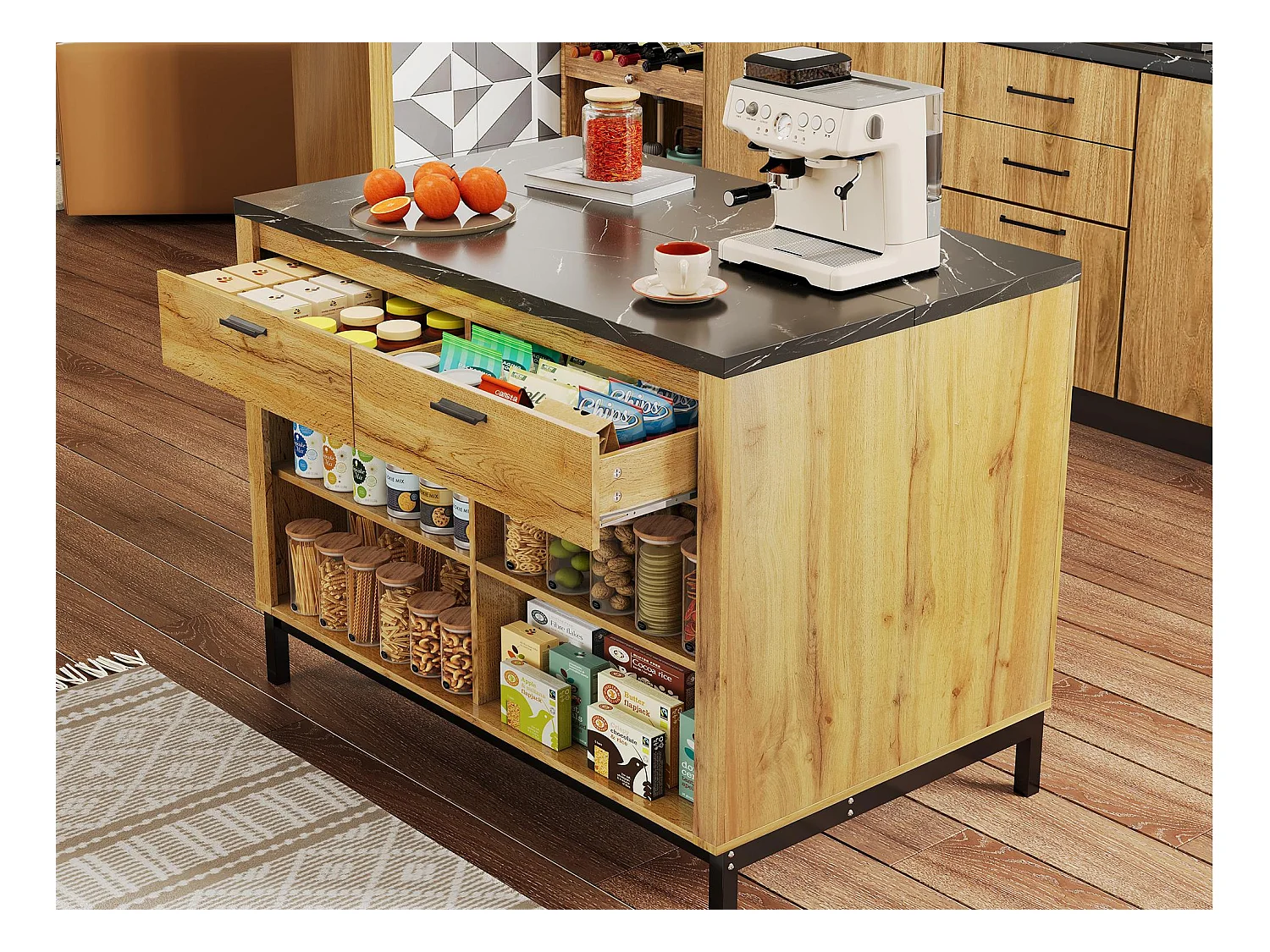 Ilot central de cuisine - avec 2 tiroirs et 4 étagères ouvertes - plan de travail en imitation marbre noir - Naturel