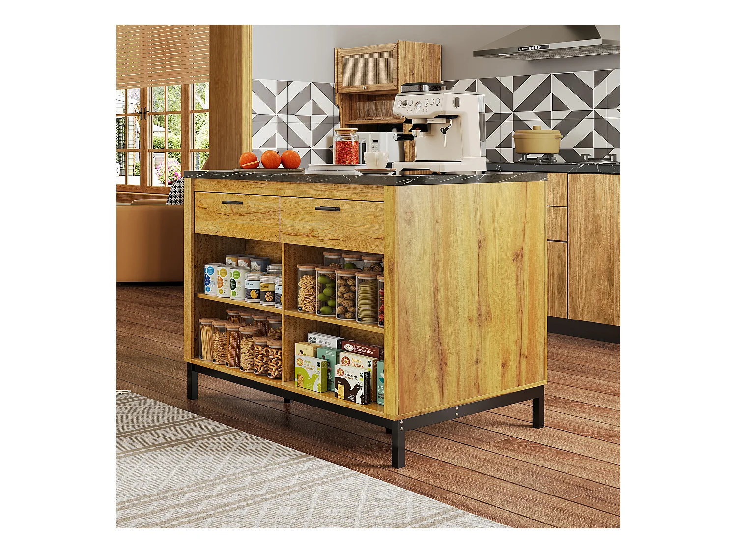 Ilot central de cuisine - avec 2 tiroirs et 4 étagères ouvertes - plan de travail en imitation marbre noir - Naturel