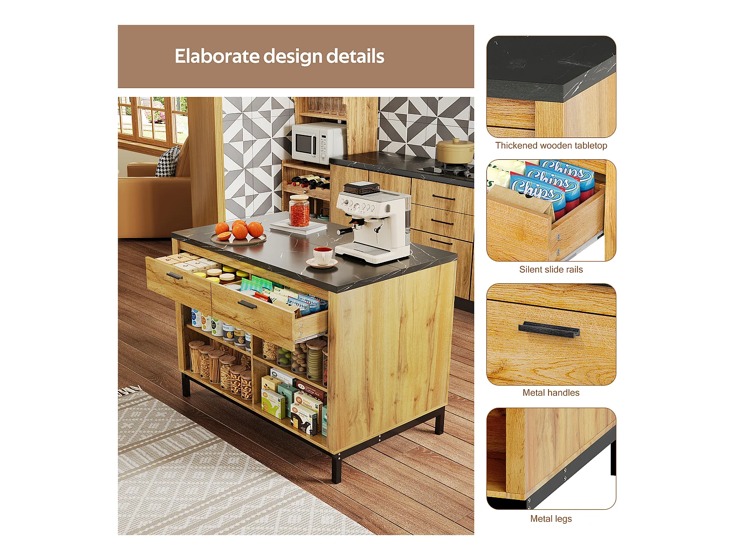 Ilot central de cuisine - avec 2 tiroirs et 4 étagères ouvertes - plan de travail en imitation marbre noir - Naturel