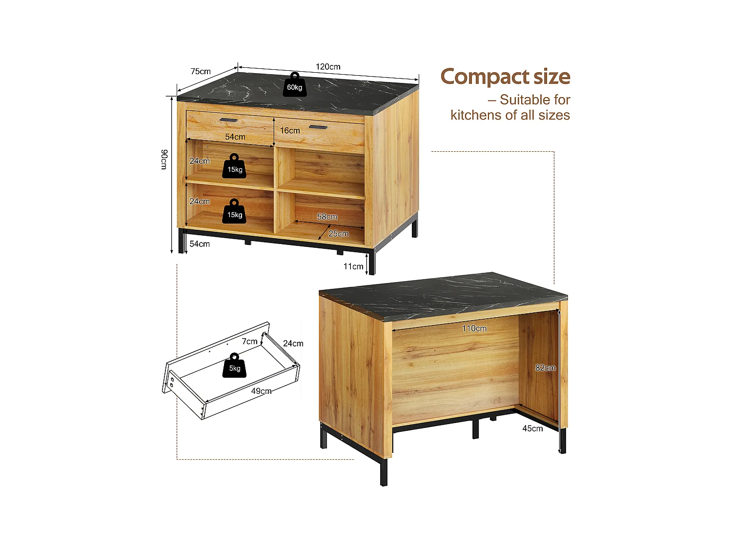 Ilot central de cuisine - avec 2 tiroirs et 4 étagères ouvertes - plan de travail en imitation marbre noir - Naturel