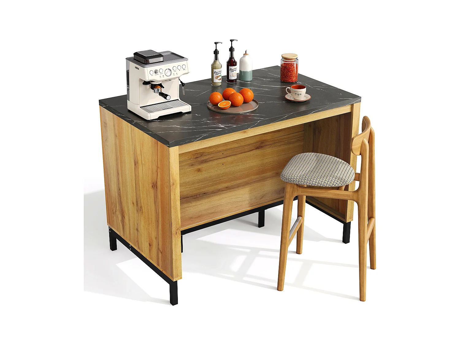 Ilot central de cuisine - avec 2 tiroirs et 4 étagères ouvertes - plan de travail en imitation marbre noir - Naturel