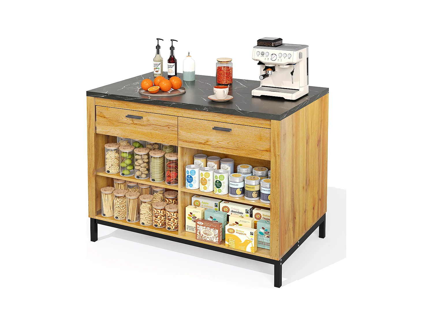 Ilot central de cuisine - avec 2 tiroirs et 4 étagères ouvertes - plan de travail en imitation marbre noir - Naturel