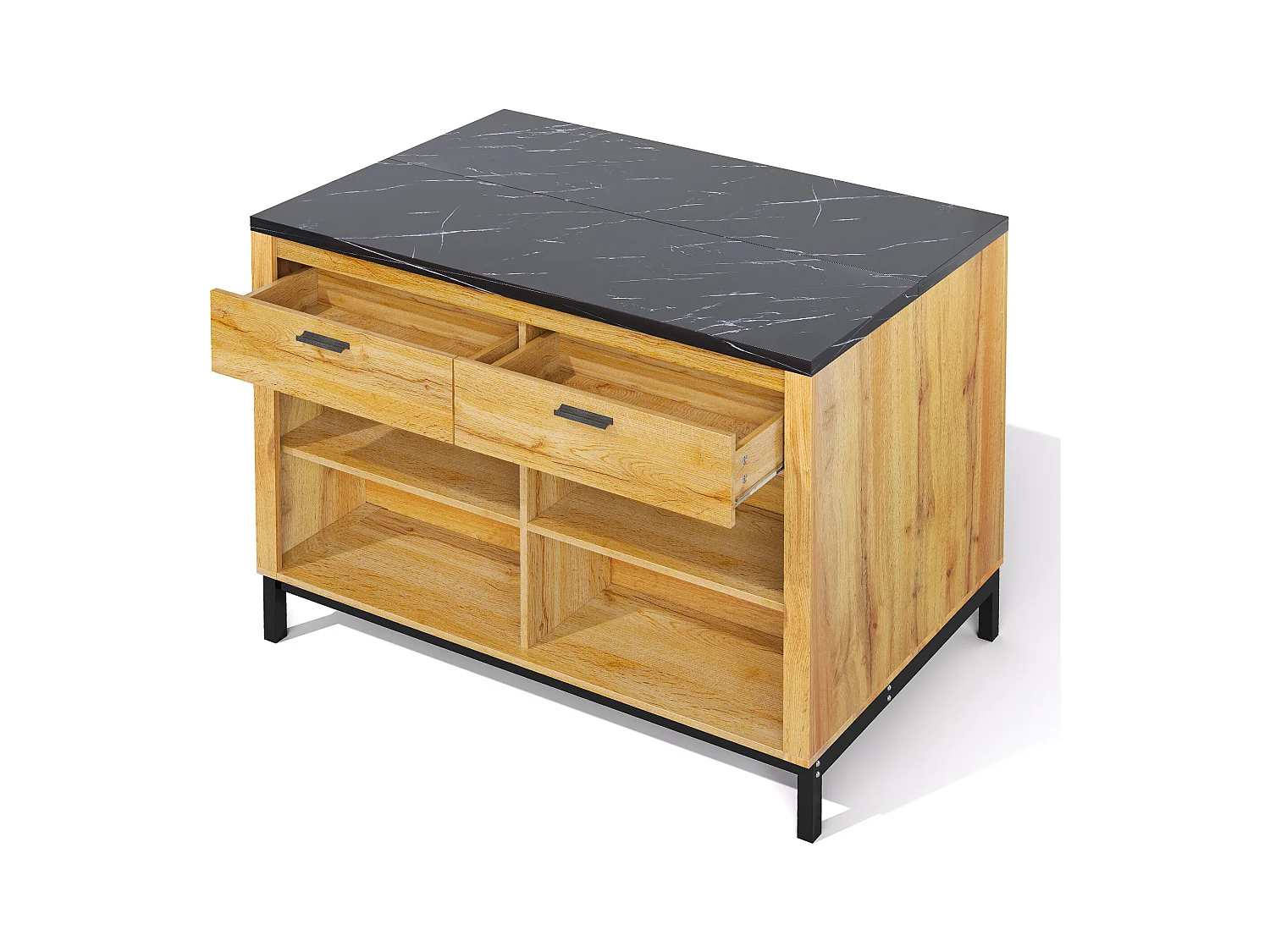 Ilot central de cuisine - avec 2 tiroirs et 4 étagères ouvertes - plan de travail en imitation marbre noir - Naturel