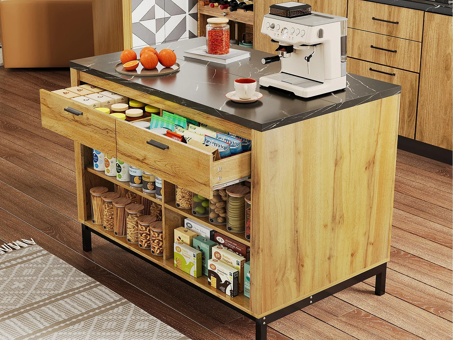 Ilot central de cuisine - avec 2 tiroirs et 4 étagères ouvertes - plan de travail en imitation marbre noir - Naturel