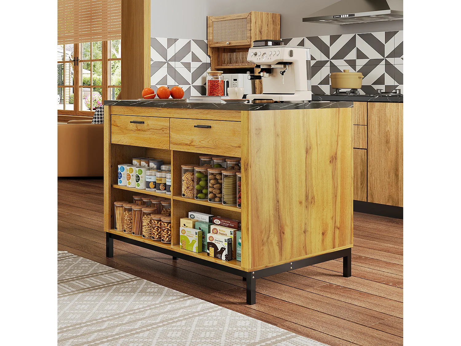 Ilot central de cuisine - avec 2 tiroirs et 4 étagères ouvertes - plan de travail en imitation marbre noir - Naturel