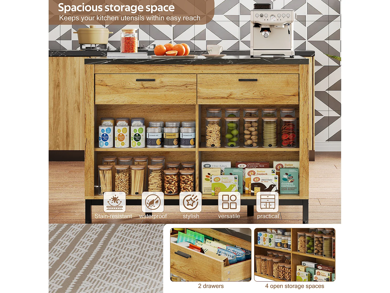 Ilot central de cuisine - avec 2 tiroirs et 4 étagères ouvertes - plan de travail en imitation marbre noir - Naturel