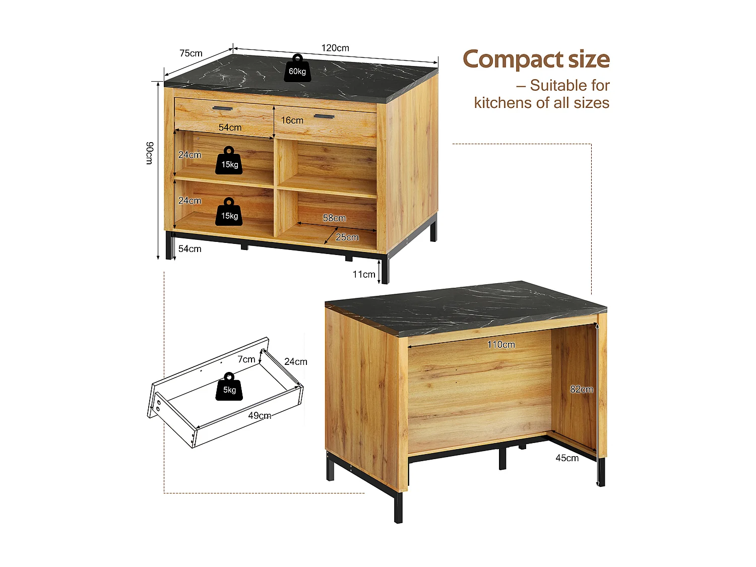 Ilot central de cuisine - avec 2 tiroirs et 4 étagères ouvertes - plan de travail en imitation marbre noir - Naturel