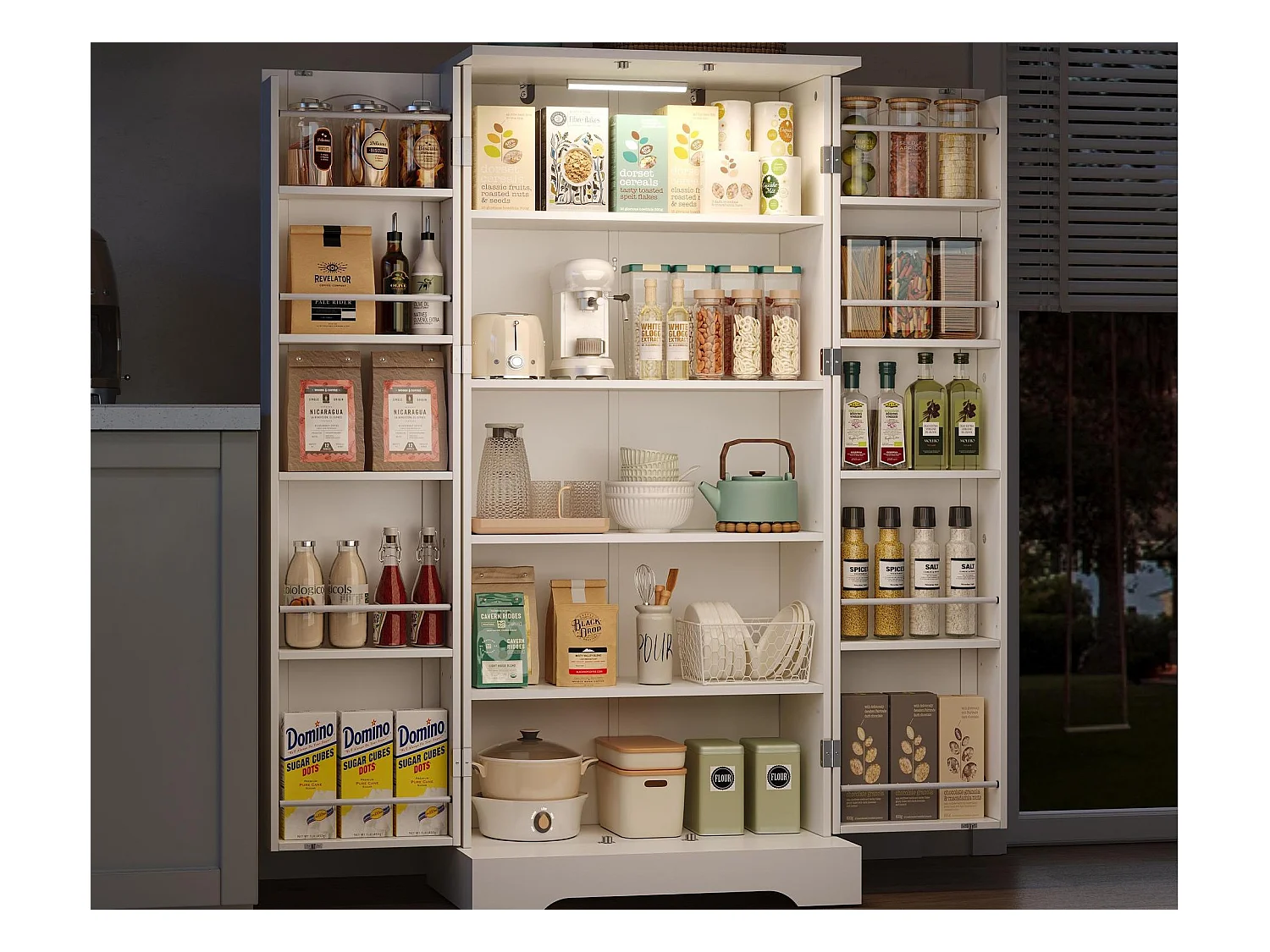 Buffet de cozinha 60×35×128 cm - com sensor de luz LED - com 2 portas - com prateleiras - Branco