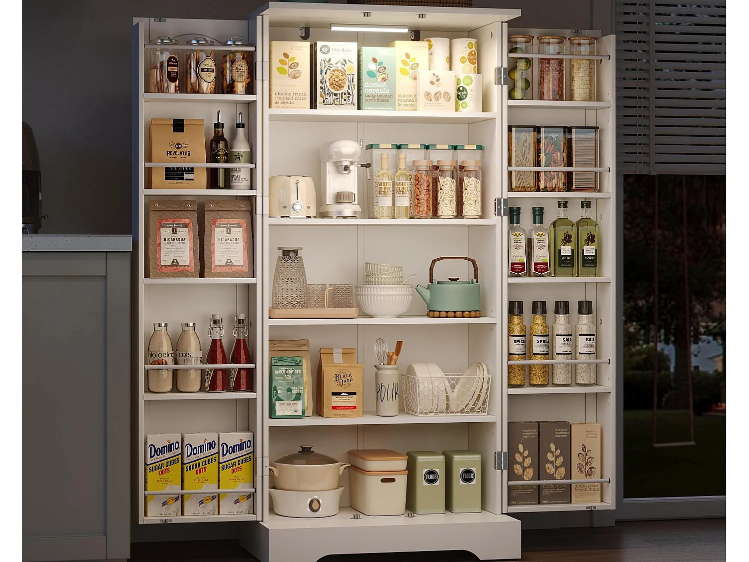 Keukenkast Met LED Verlichting - Hoog Buffetkast 115x35x180 Cm Met Lade En Deuren - Wit Naturel