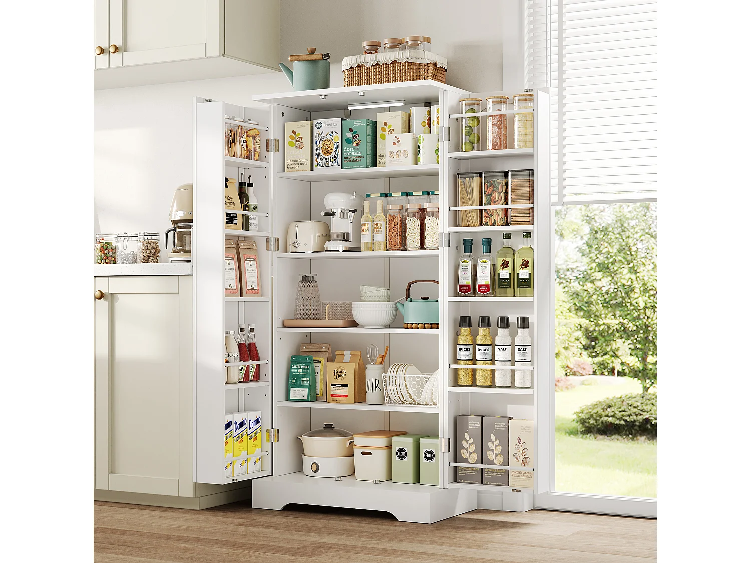 Buffet de cozinha 60×35×128 cm - com sensor de luz LED - com 2 portas - com prateleiras - Branco