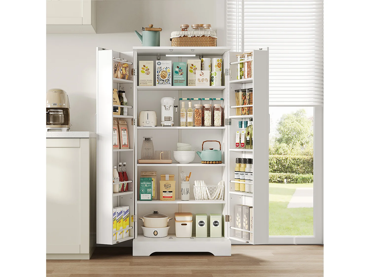 Buffet de cozinha 60×35×128 cm - com sensor de luz LED - com 2 portas - com prateleiras - Branco