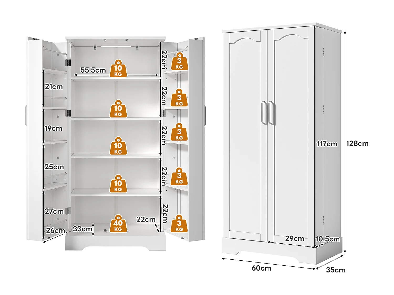Buffet de cozinha 60×35×128 cm - com sensor de luz LED - com 2 portas - com prateleiras - Branco