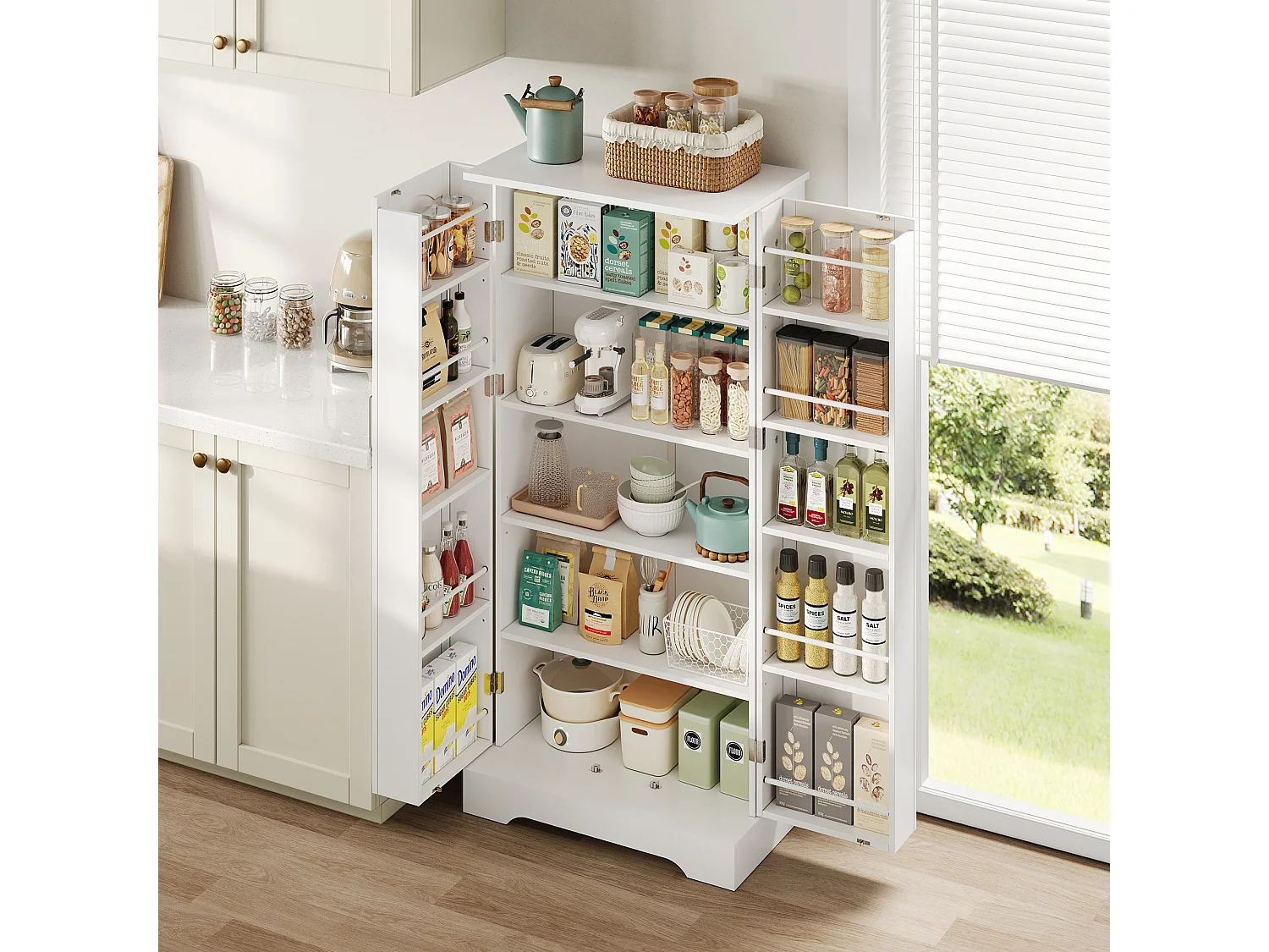 Buffet de cozinha 60×35×128 cm - com sensor de luz LED - com 2 portas - com prateleiras - Branco