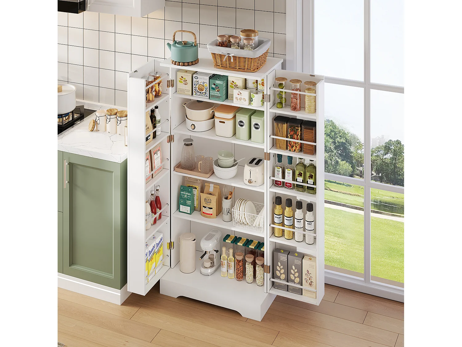 Küchenbuffet 60×35×128 cm - mit LED-Lichtsensor - mit 2 Türen - mit Regalen - mit vertikaler Streifendekoration - Weiß