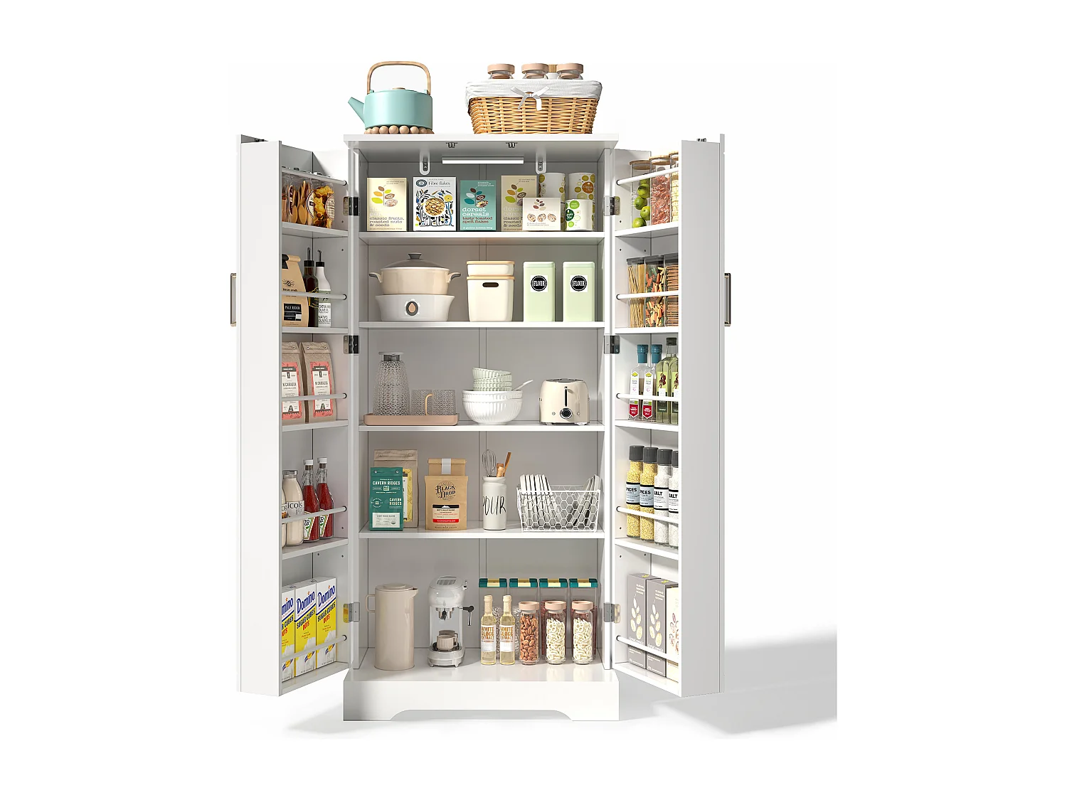 Küchenbuffet 60×35×128 cm - mit LED-Lichtsensor - mit 2 Türen - mit Regalen - mit vertikaler Streifendekoration - Weiß