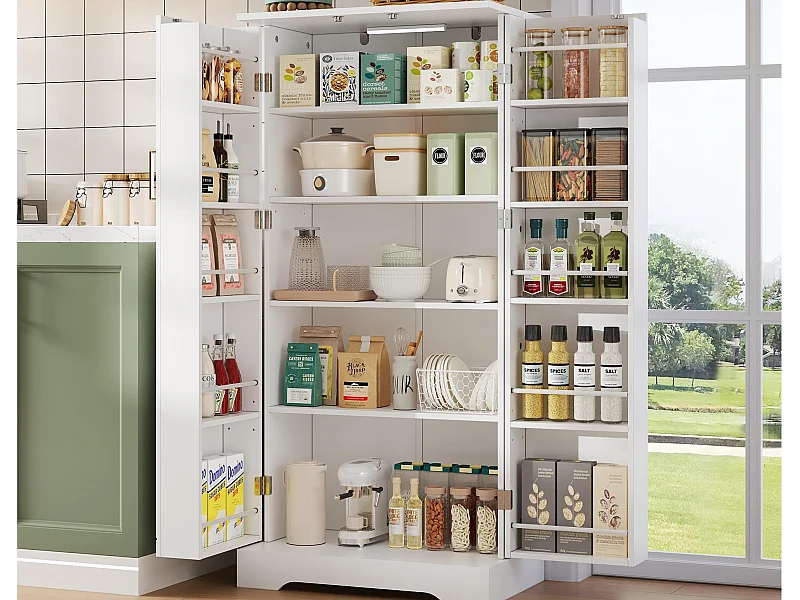 Küchenbuffet 60×35×128 cm - mit LED-Lichtsensor - mit 2 Türen - mit Regalen - mit vertikaler Streifendekoration - Weiß