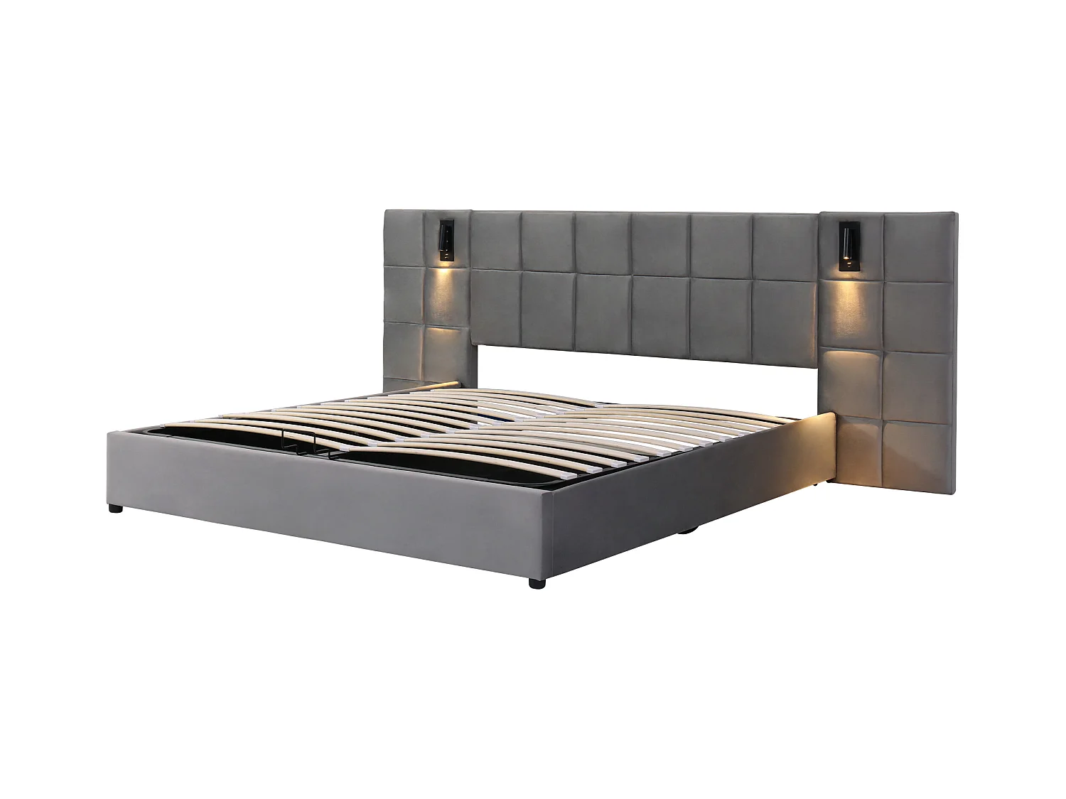 URBAN MEUBLE Lit coffre double capitonné rembourré velours gris, tête de lit damier avec prise USB (140 x 200 cm)