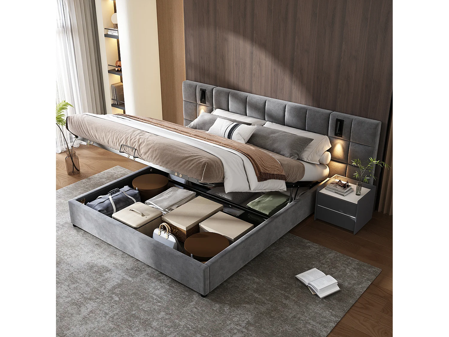 URBAN MEUBLE Lit coffre double capitonné rembourré velours gris, tête de lit damier avec prise USB (140 x 200 cm)