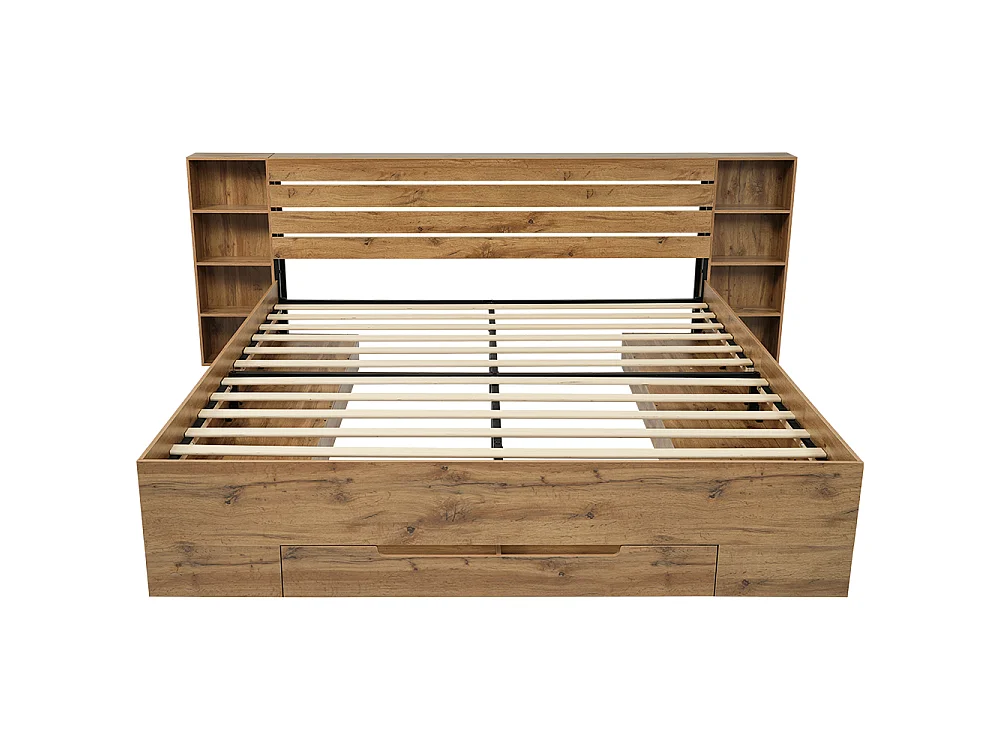 URBAN MEUBLE Lit coffre double en bois massif chêne avec éclairage LED étagères et tiroirs rangement prise USB C 180×200cm (sans matelas)