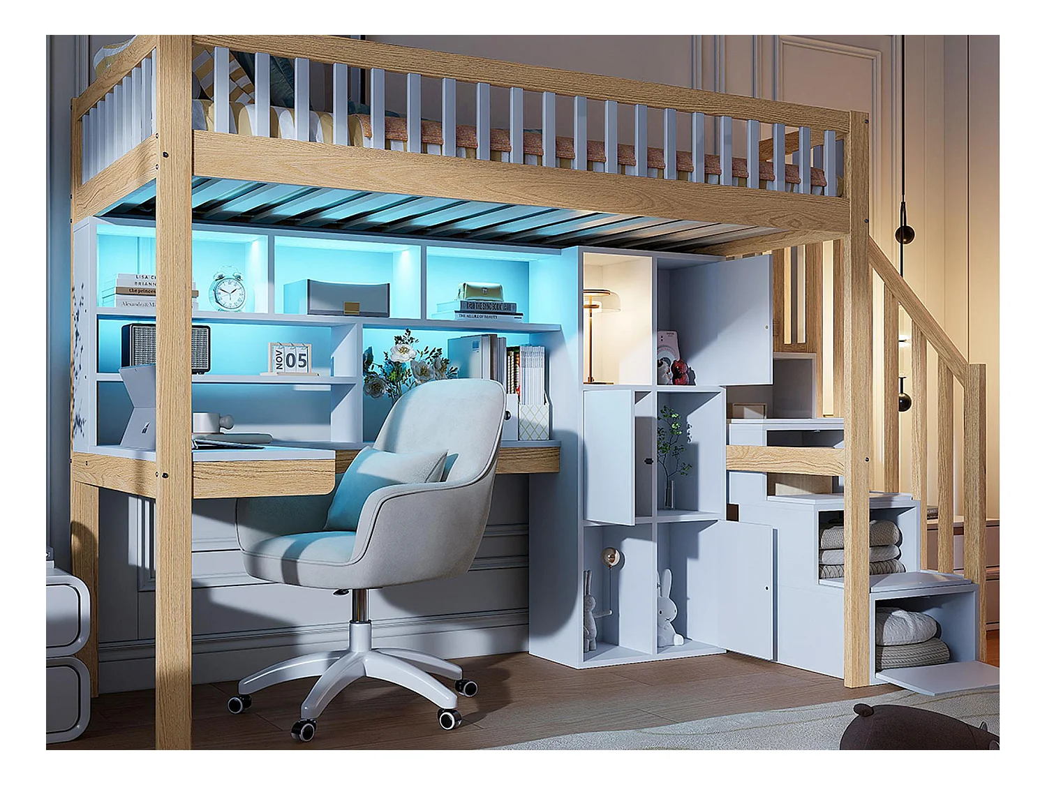 Lit mezzanine 90x200 cm - avec éclairage LED - échelle de rangement + étagères - avec bureau - blanc + naturel (matelas non inclus)