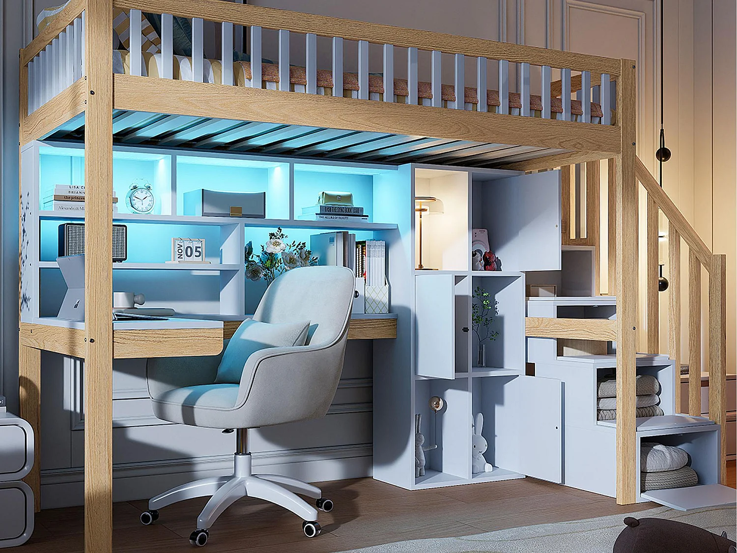 Hoogbed 90×200 cm - met LED-verlichting - opbergtrap + planken - met bureau - wit + naturel (matras niet inbegrepen)