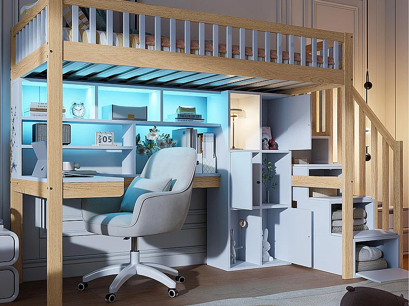 Hoogbed 90×200 cm - met LED-verlichting - opbergtrap + planken - met bureau - wit + naturel (matras niet inbegrepen)