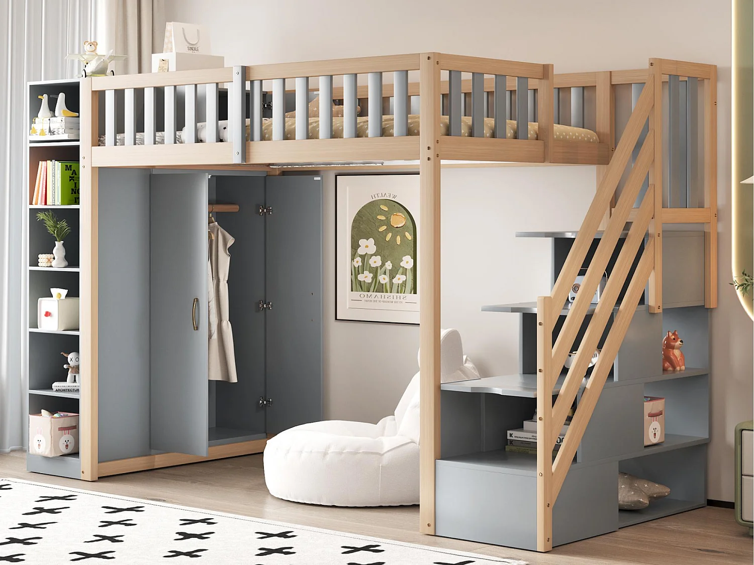 Hoogbed 90×200 cm - met hekwerk - met opbergruimte - met veiligheidstrap - wit + naturel (matras niet inbegrepen)