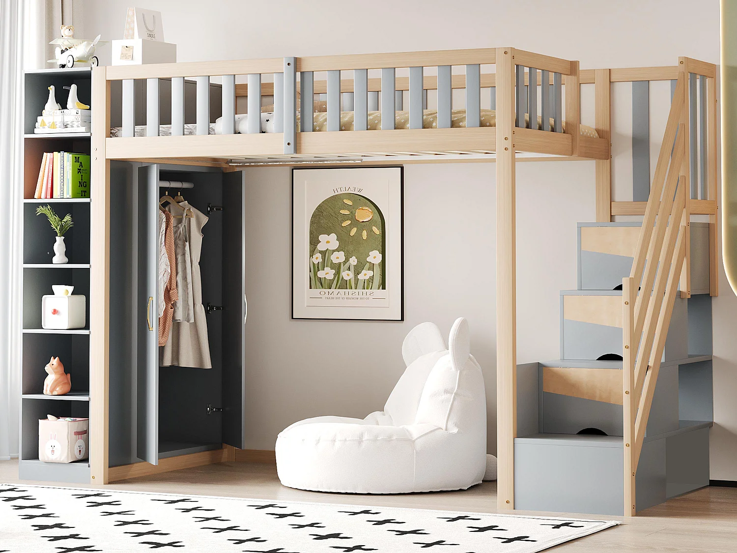 Hoogbed 90×200 cm - met hekwerk - met opbergruimte - met veiligheidstrap - wit + naturel (matras niet inbegrepen)