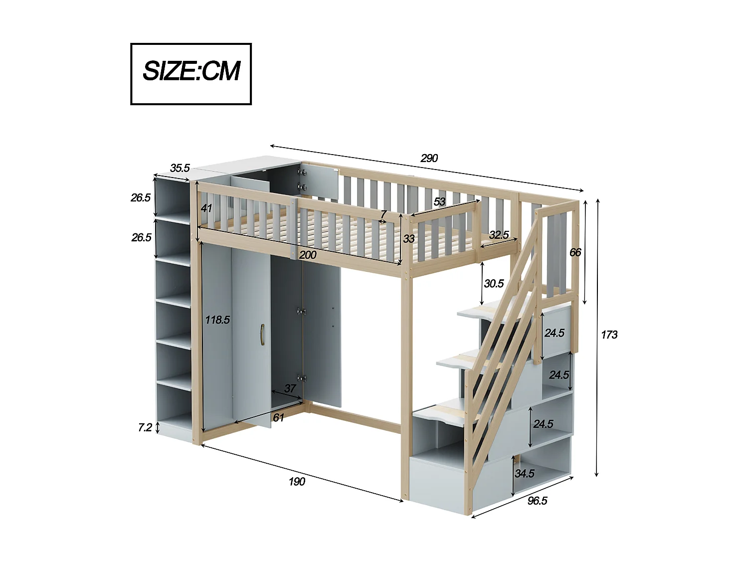 Hoogbed 90×200 cm - met hekwerk - met opbergruimte - met veiligheidstrap - wit + naturel (matras niet inbegrepen)