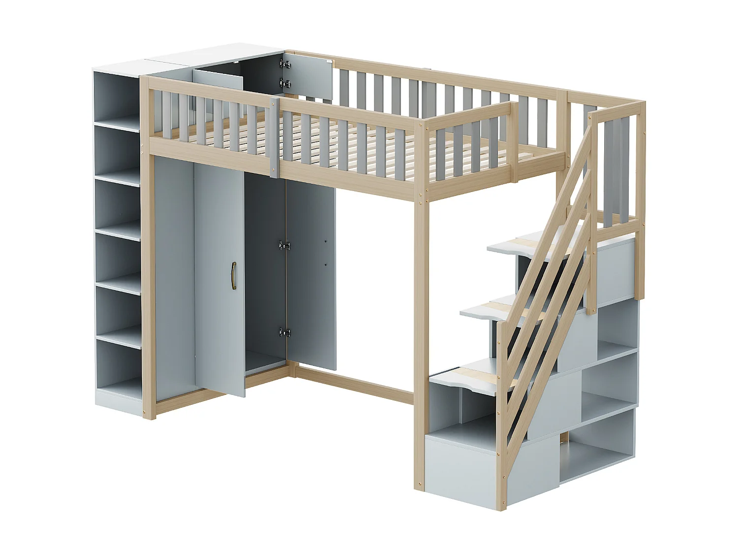 Hoogbed 90×200 cm - met hekwerk - met opbergruimte - met veiligheidstrap - wit + naturel (matras niet inbegrepen)