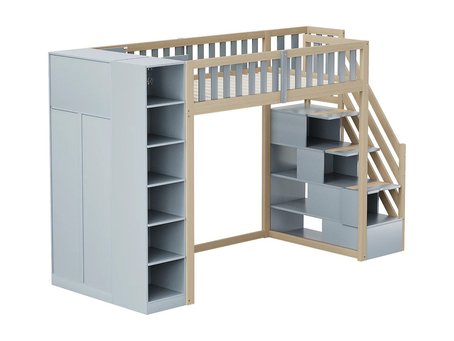 Hoogbed 90×200 cm - met hekwerk - met opbergruimte - met veiligheidstrap - wit + naturel (matras niet inbegrepen)