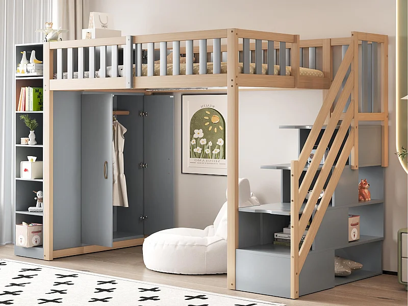 Hoogbed 90×200 cm - met hekwerk - met opbergruimte - met veiligheidstrap - wit + naturel (matras niet inbegrepen)