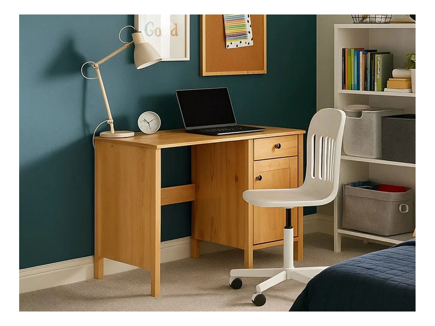 Biurko 110 cm drewniane z drzwiczkami i szufladą Prestige, kolor dębowy