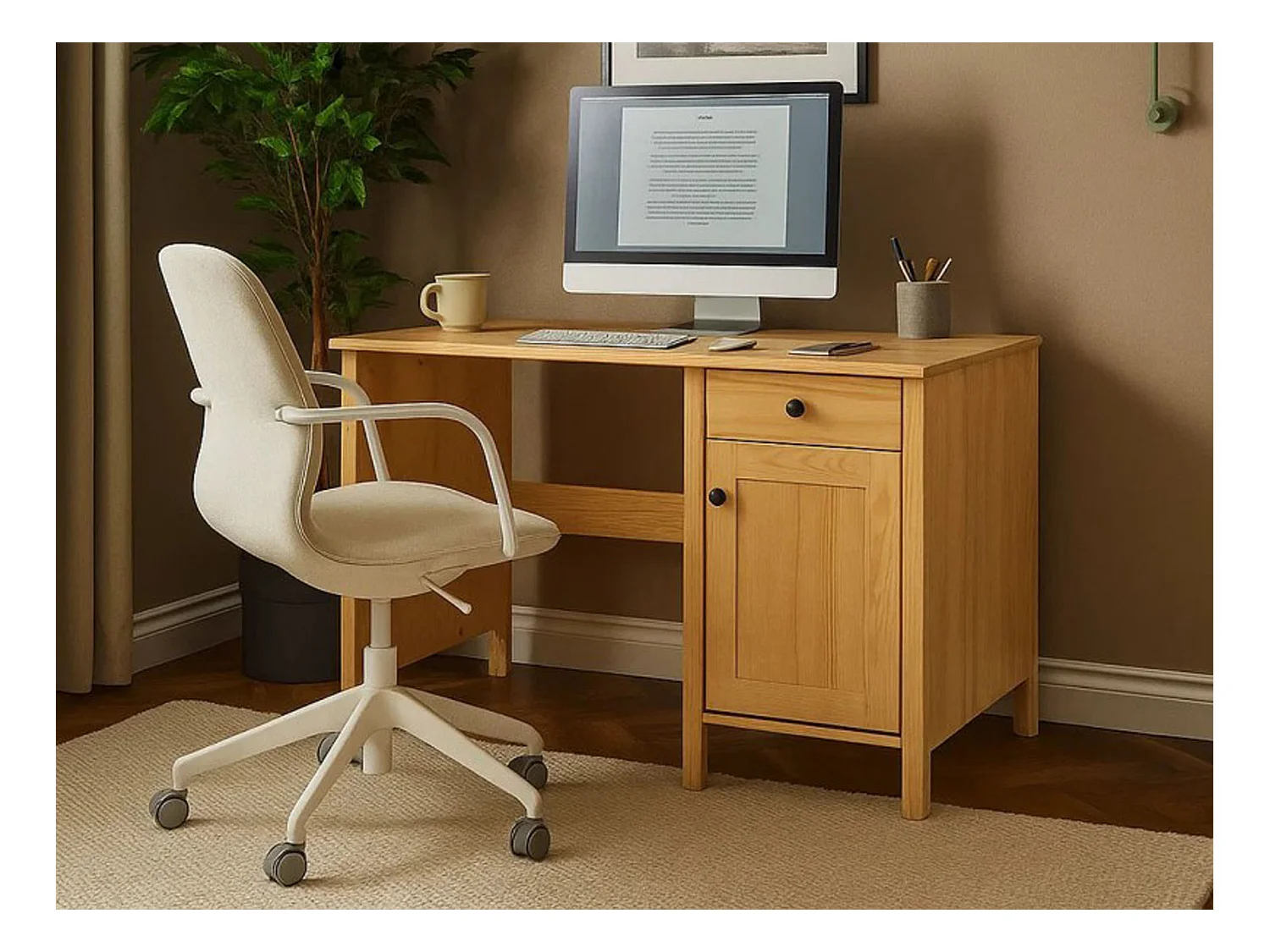 Biurko 110 cm drewniane z drzwiczkami i szufladą Prestige, kolor dębowy