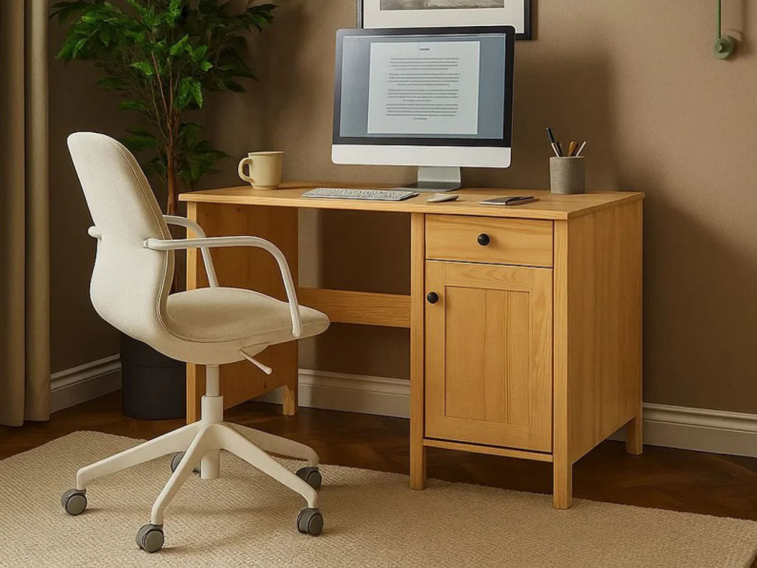 Biurko 110 cm drewniane z drzwiczkami i szufladą Prestige, kolor dębowy