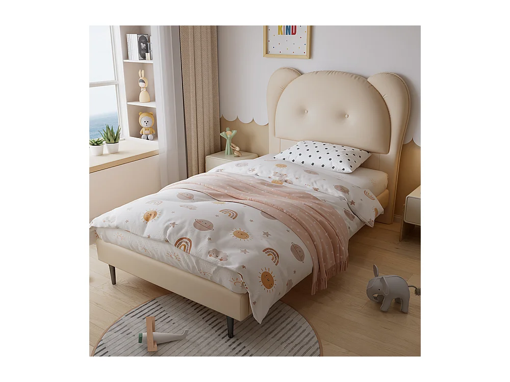 Eenpersoonsbed voor kinderen 90 x 200 cm, hoofdeinde in de vorm van een schattig dier, PU, beige