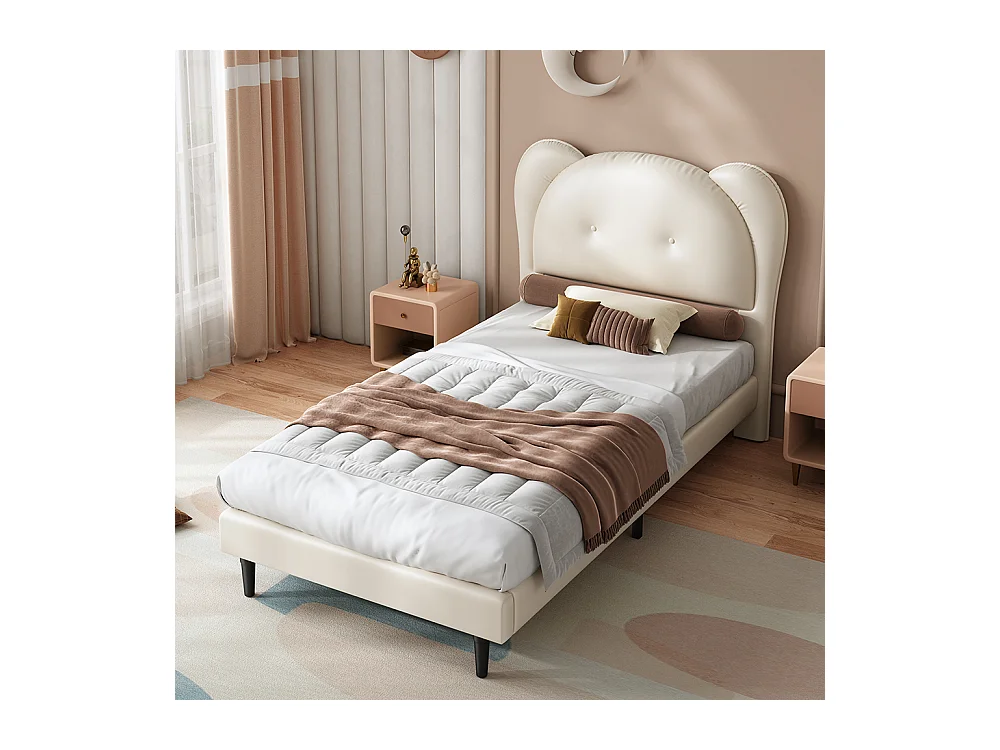 Eenpersoonsbed voor kinderen 90 x 200 cm, hoofdeinde in de vorm van een schattig dier, PU, beige