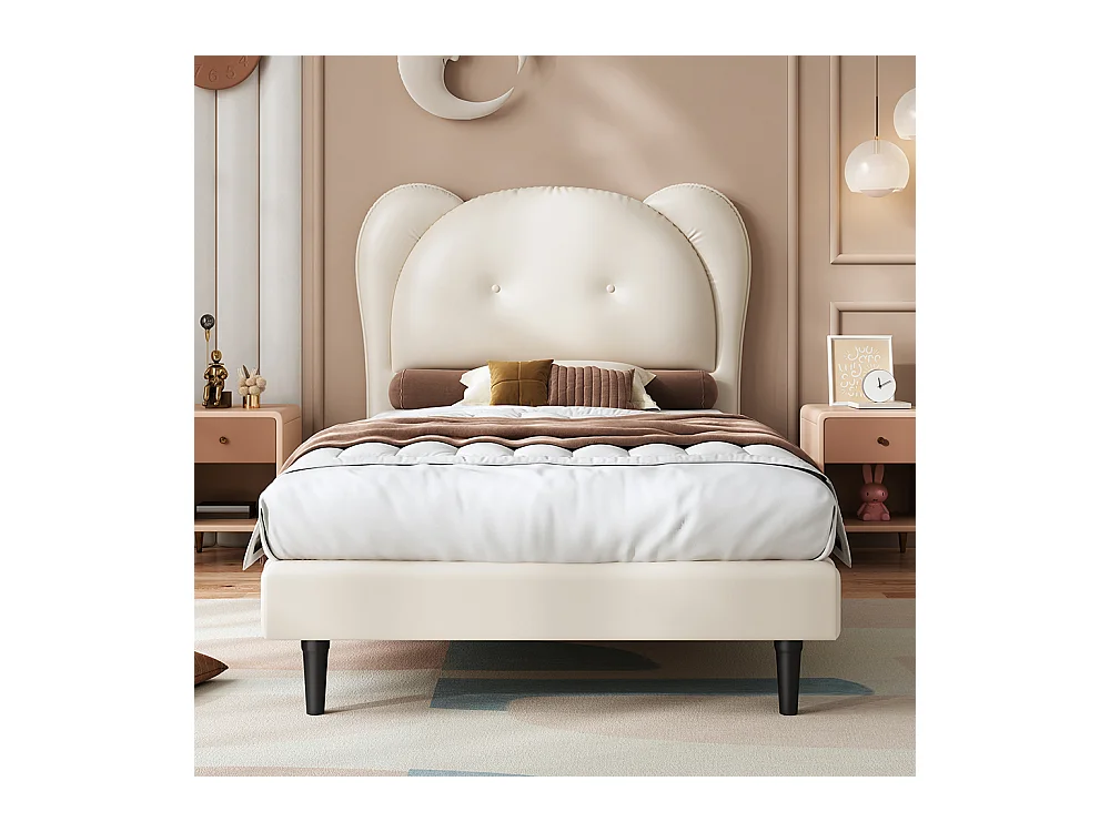 Einzelbett für Kinder 90 x 200 cm, Kopfteil in Form eines niedlichen Tieres, PU, beige