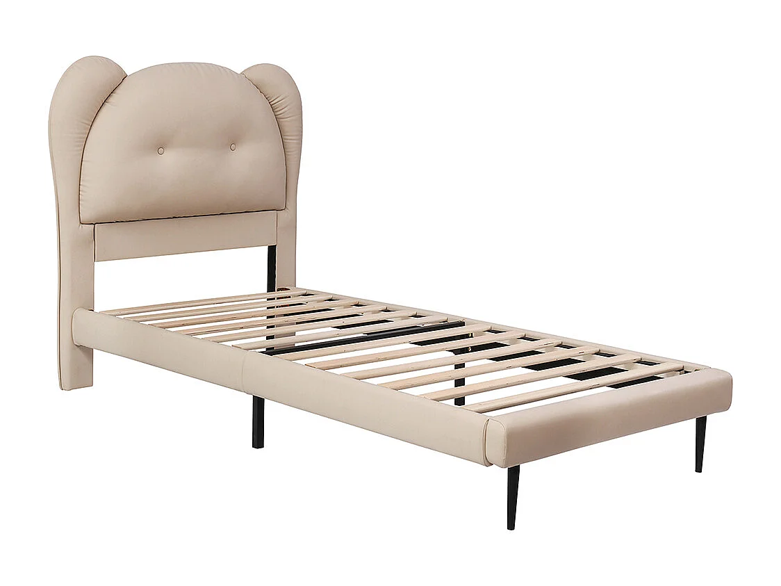 Lit simple pour enfant 90 x 200 cm, tête de lit en forme d'animal mignon, PU, beige