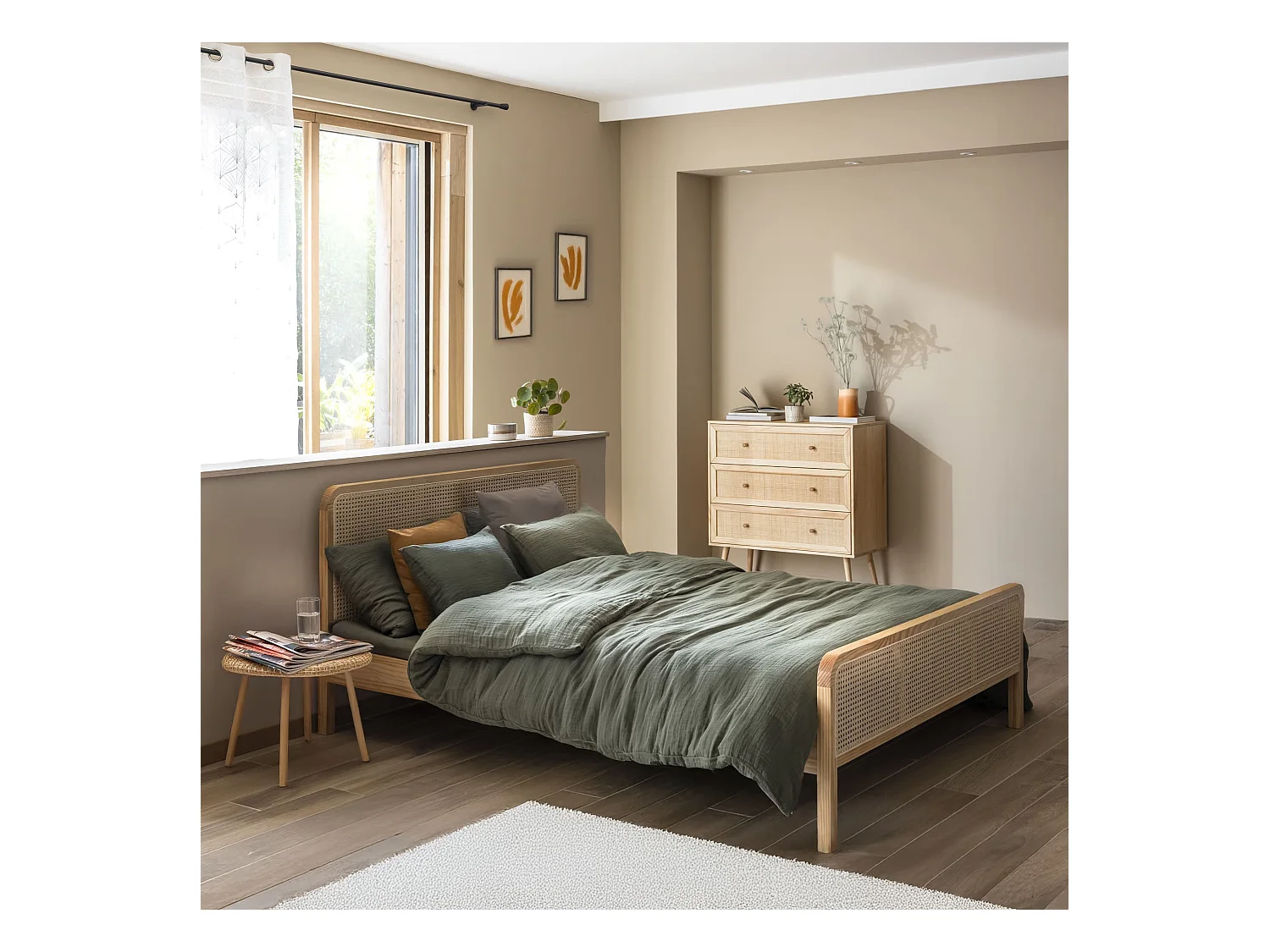 Chambre lit cannage avec commode bois naturel ANNA 160x200 - ANNA