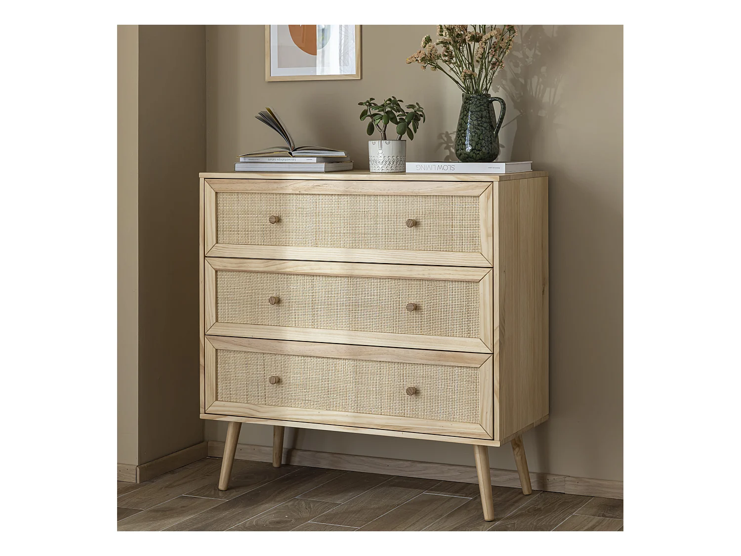 Chambre lit cannage avec commode bois naturel ANNA 160x200 - ANNA