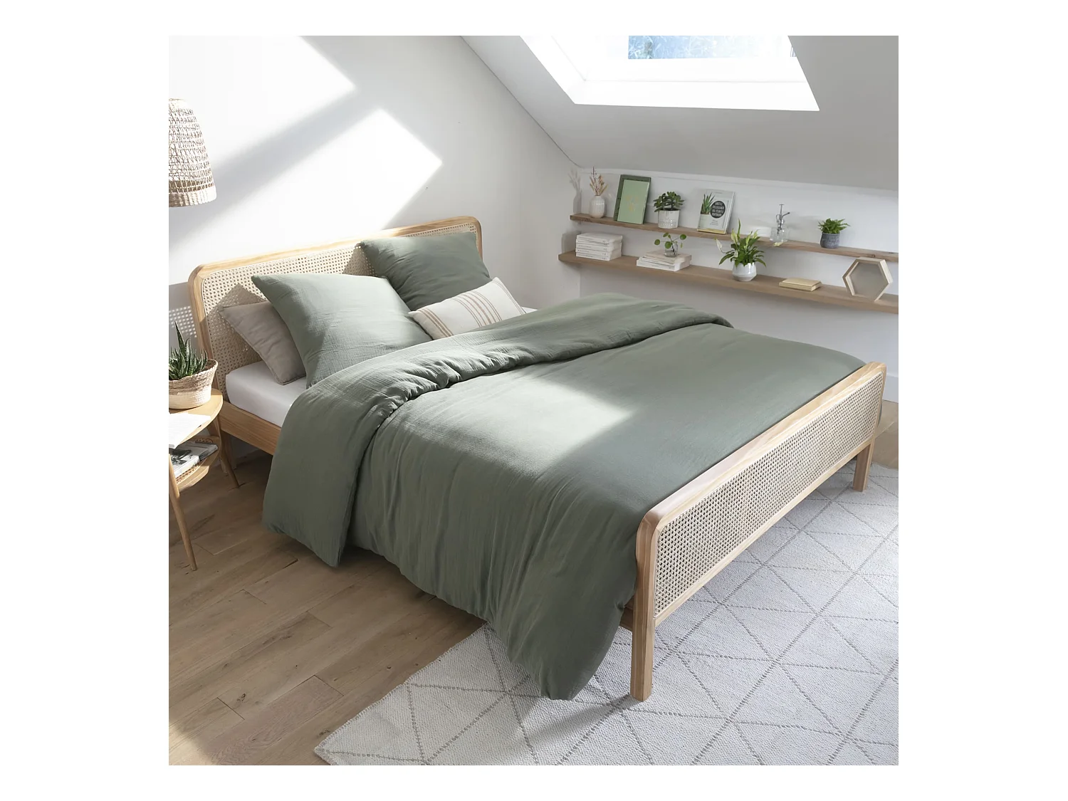 Chambre lit cannage avec commode bois naturel ANNA 160x200 - ANNA