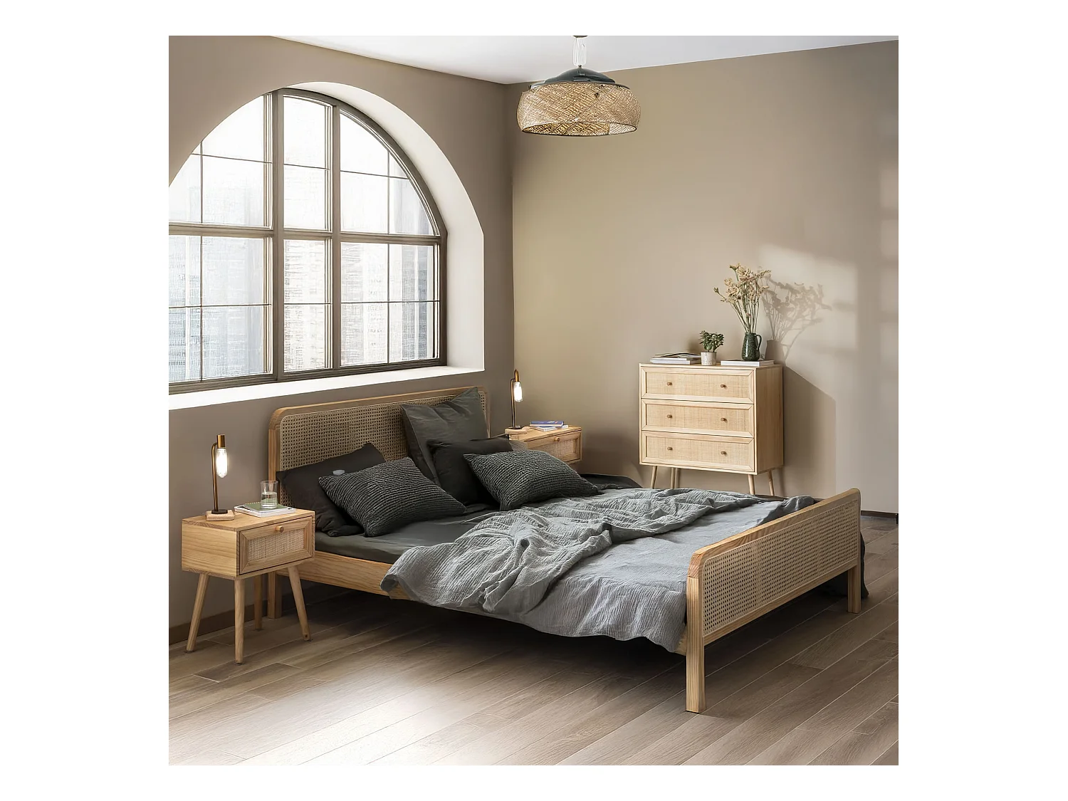 Chambre complète lit cannage avec commode et 2 chevets bois naturel 140x190 ANNA - ANNA