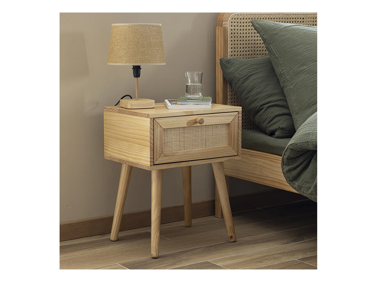 Chambre complète lit cannage avec commode et 2 chevets bois naturel 140x190 ANNA - ANNA