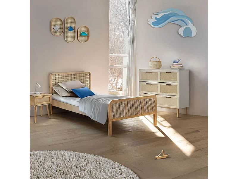 Chambre lit cannage enfant et chevet bois naturel ANNA 90x200 - ANNA