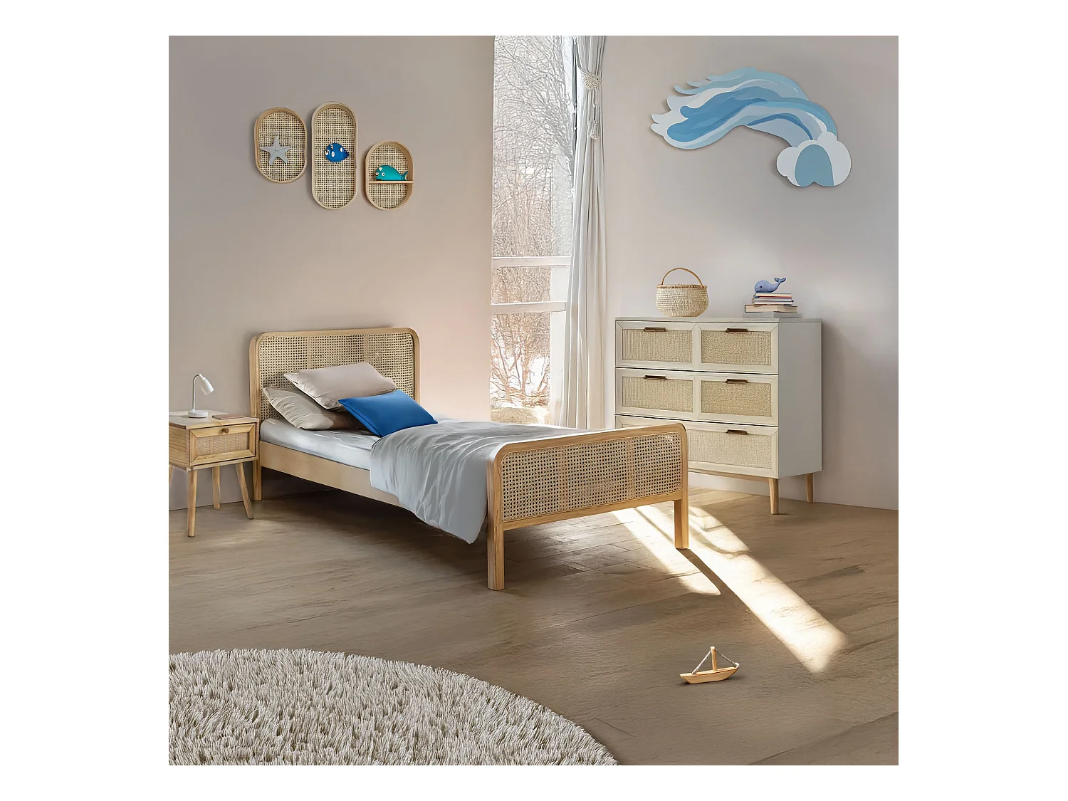 Chambre lit cannage enfant et chevet bois naturel ANNA 90x200 - ANNA